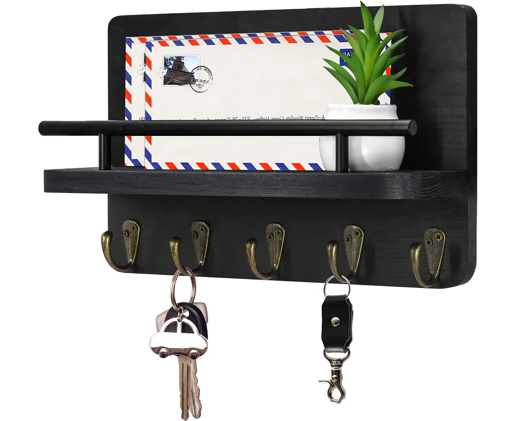 Key Hanger For Wall With Shelf, Decorative Key And Mail Holder With 5 Key Hooks, Mail Holder For Wall With Key Hooks