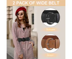 2 Pieces Women'S Stretchy Wide Waist Belt For Dress Women'S Elastic Belt Hook Buckle - Black+Camel