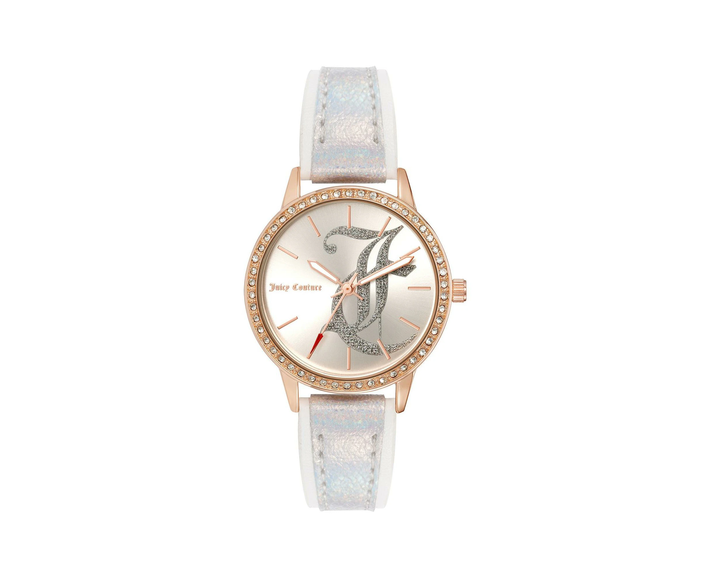 Rose Gold Analog Womens Fashion Watch with Rhinestone Detail and White Leatherette Strap One Size Women