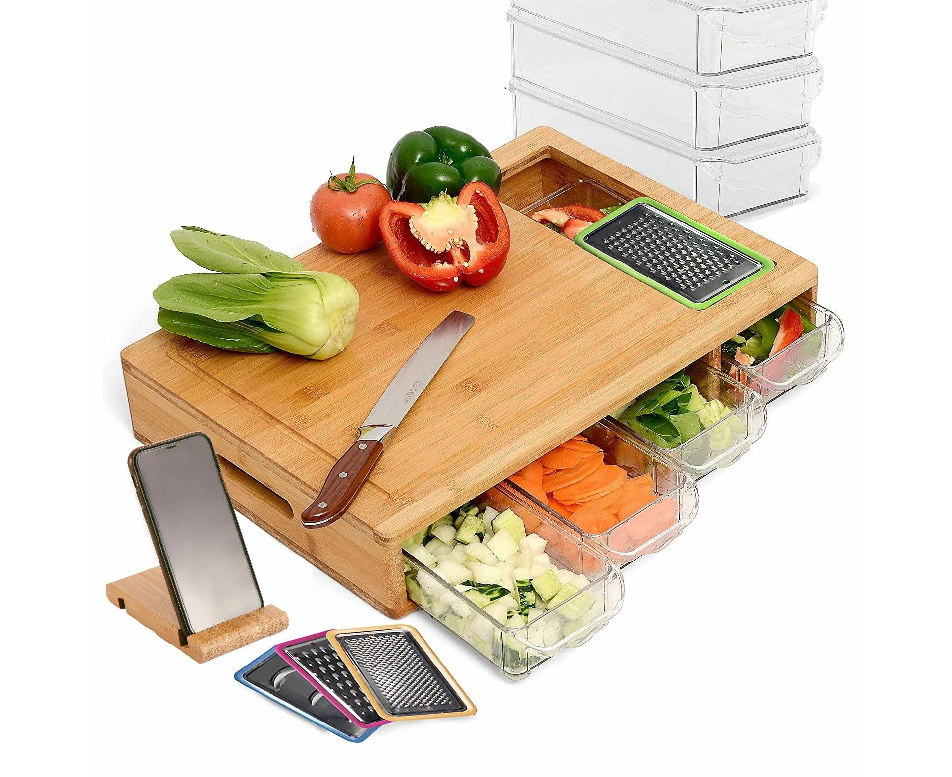 Large Bamboo Cutting Board and 4 Containers with Mobile Holder gift included for Home Kitchen