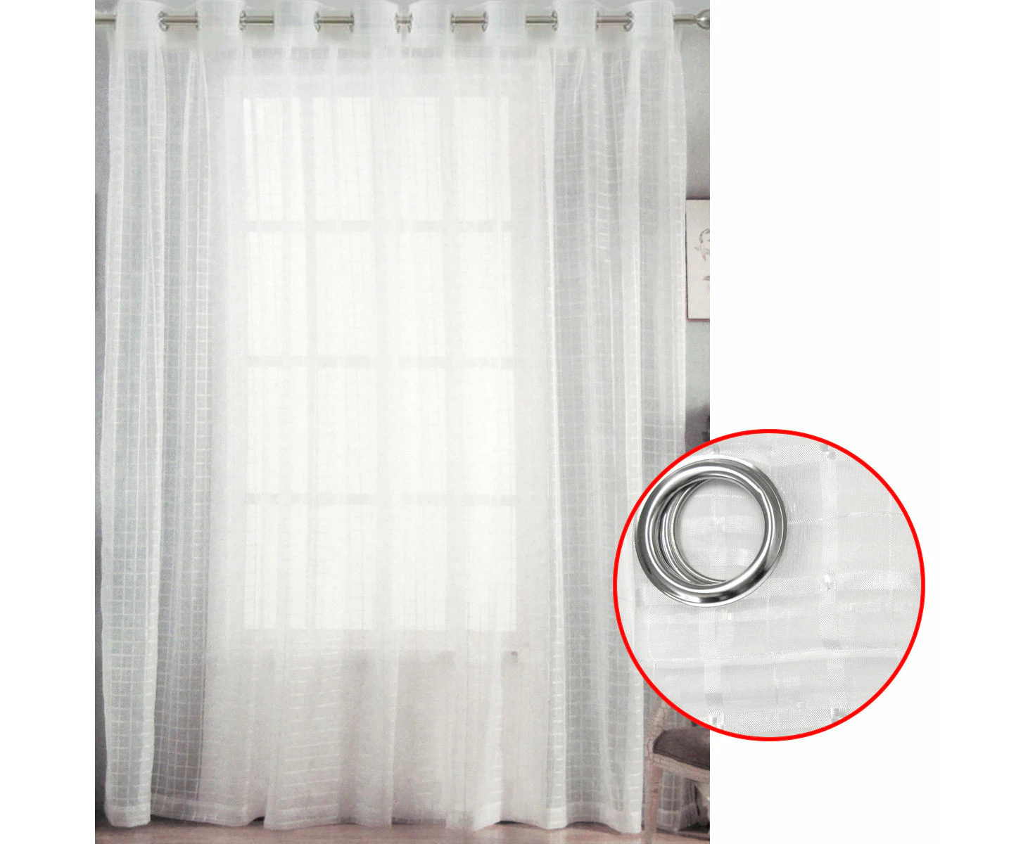 Pair of White Checkered Eyelet Sheer Curtains 140 x 225cm