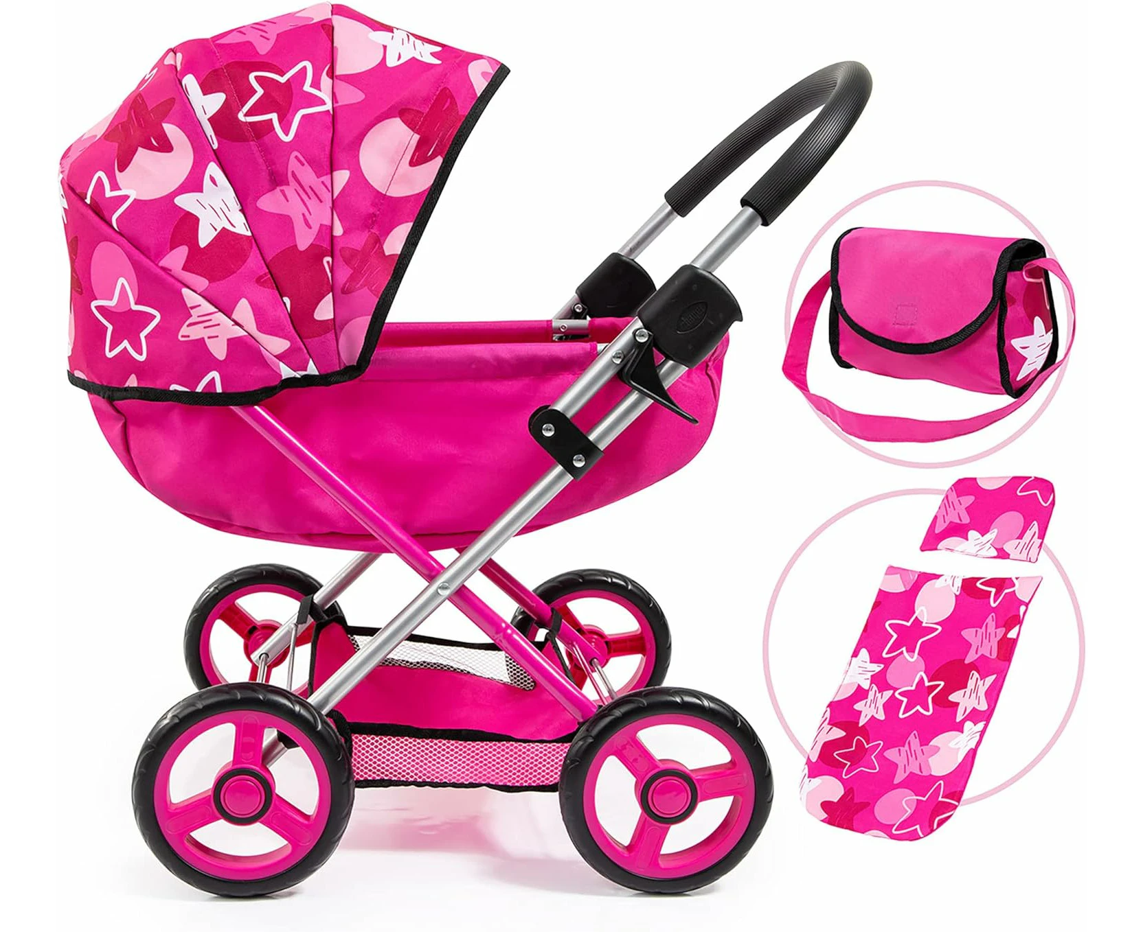 Baby Doll Stroller Pram for Toddlers, Foldable with Bag and Blanket, Modern Pink with Stars