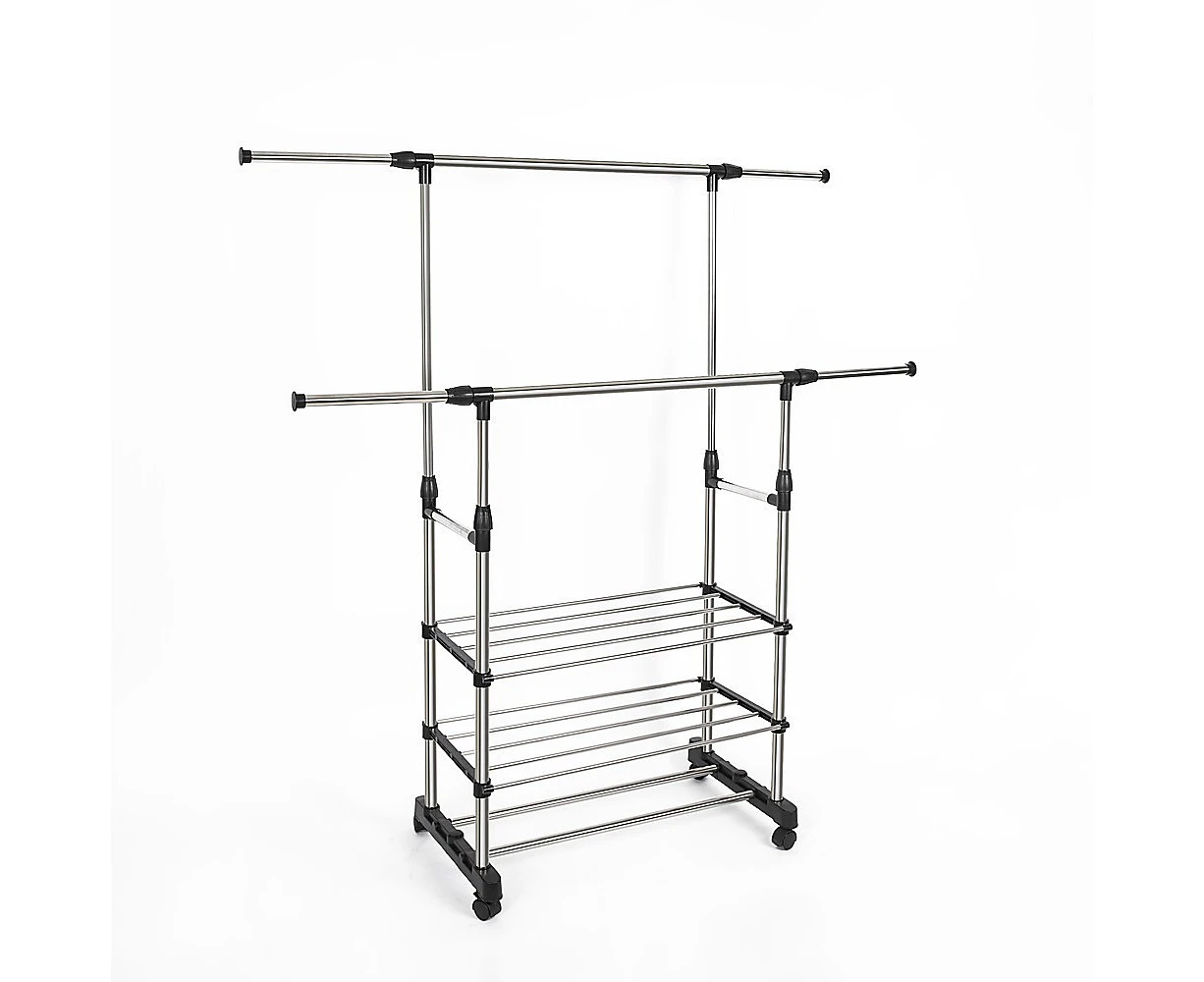 Heavy Duty Commercial Garment Rack Double Bar Rolling Collapsible Clothing Shelf