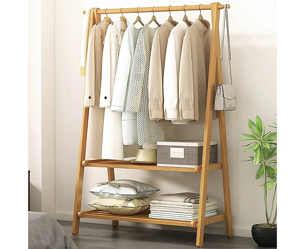 Portable Clothes Rack Coat Garment Stand Bamboo Rail Hanger Airer Closet