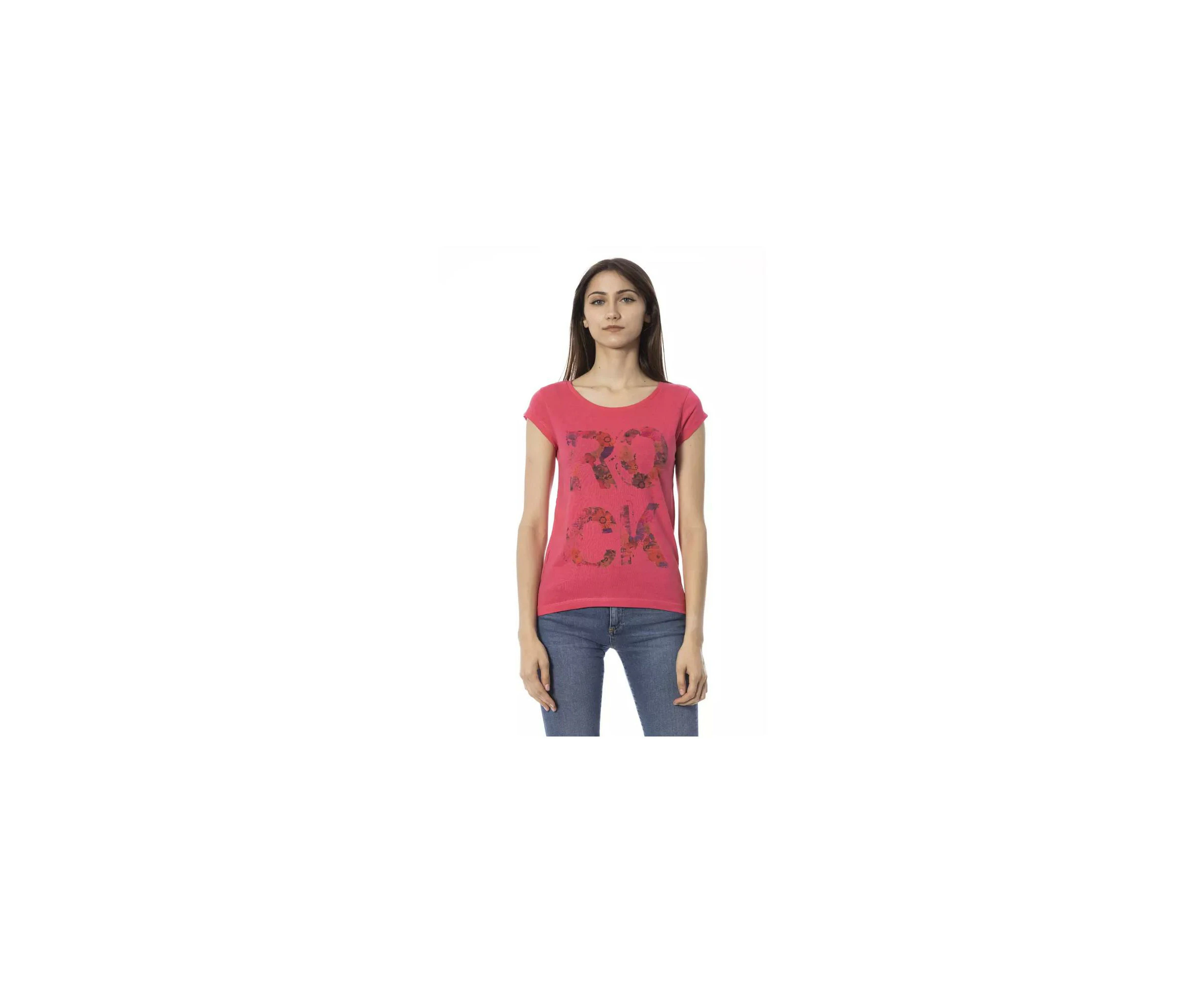 Front Print Short Sleeve T-shirt with Round Neck - Pink