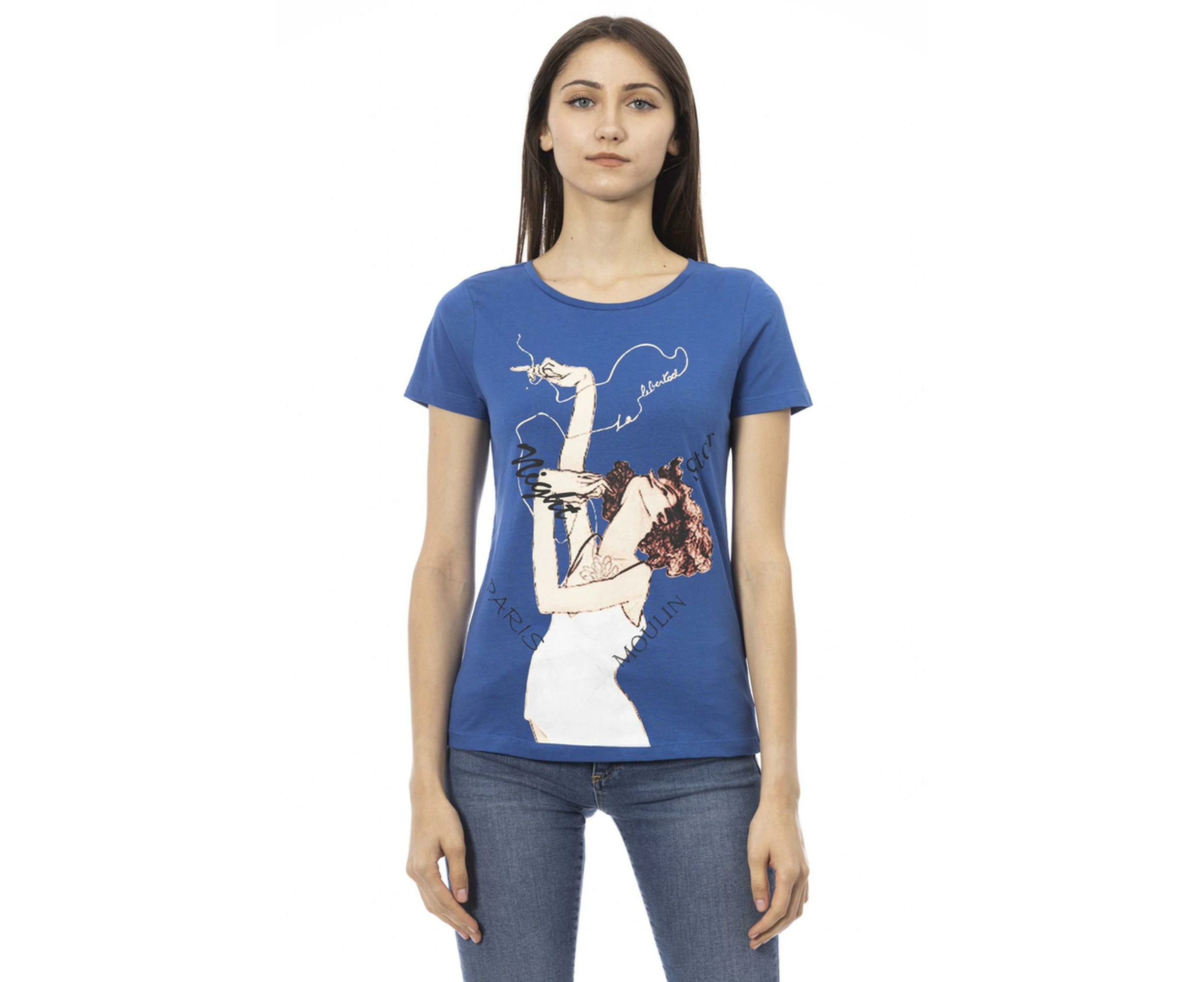 Short Sleeve T-shirt with Round Neck and Front Print - Blue