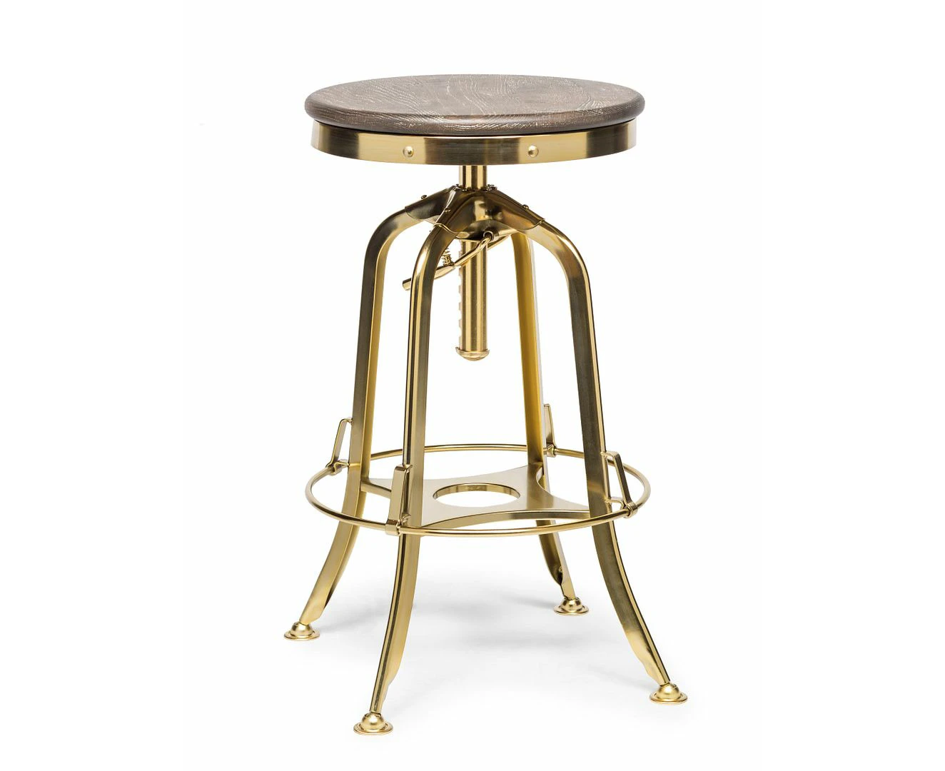 Industrial Height Adjustable Swivel Bar Stool with Oak Wood Top - Gold Finish