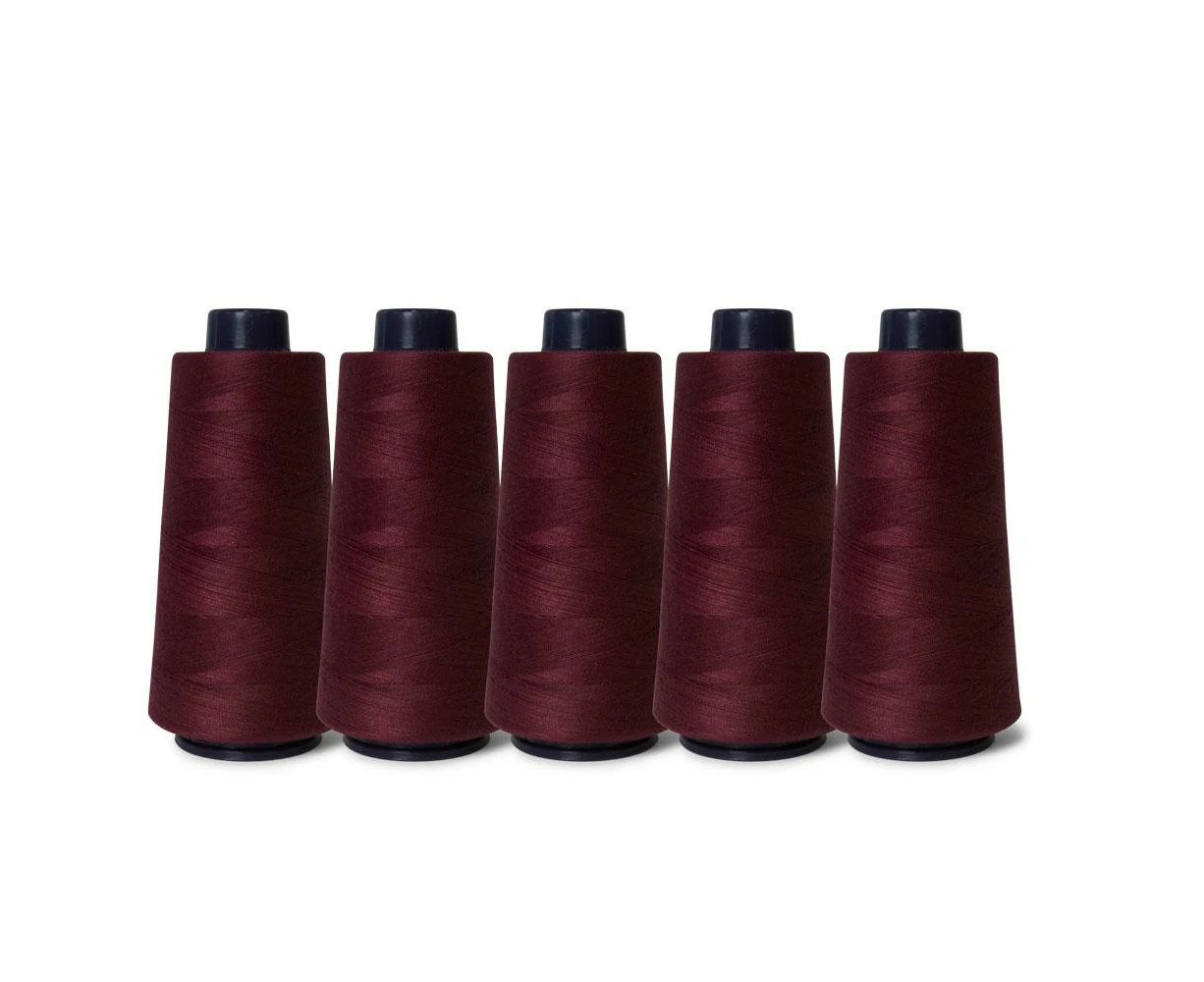 5x Wine Red Sewing Overlocker Thread - 2000m Hemline Polyester Overlocking Spool