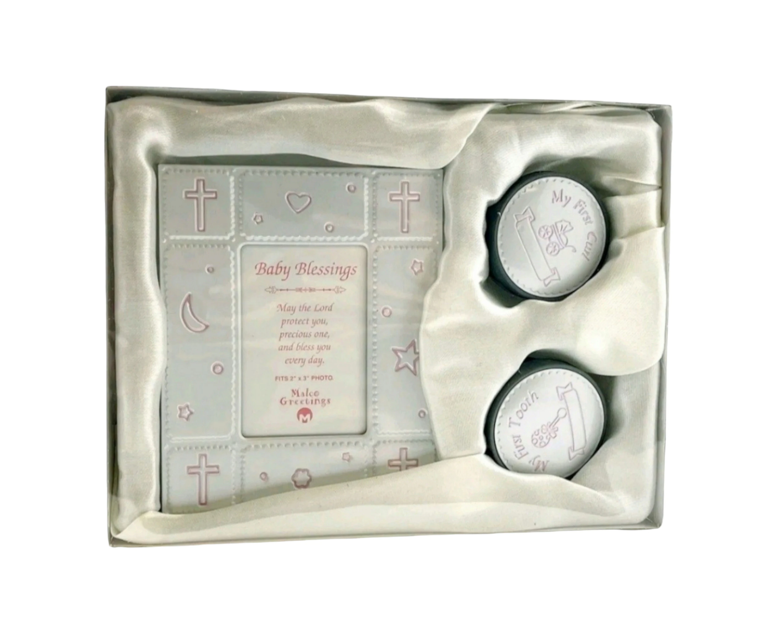 Set 3 Pink Baby Girl My First Tooth, My First Curl & Blessings Photo Frame Keepsake in Satin Gift Box