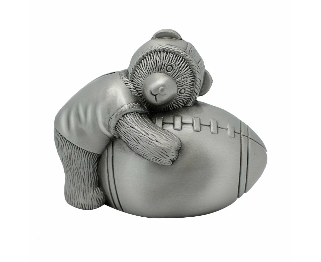 Silver Pewter Teddy Bear Holding Football Money Box