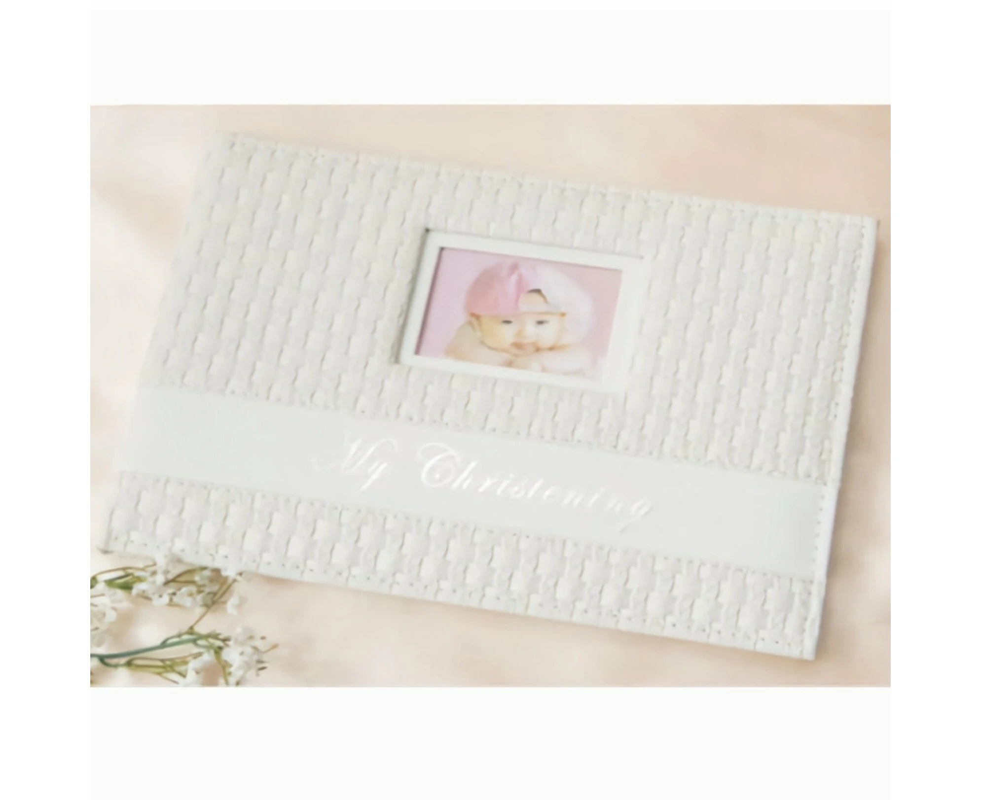 White Rattan Leather Cover My Christening Signature Message Guest Book in Gift Box