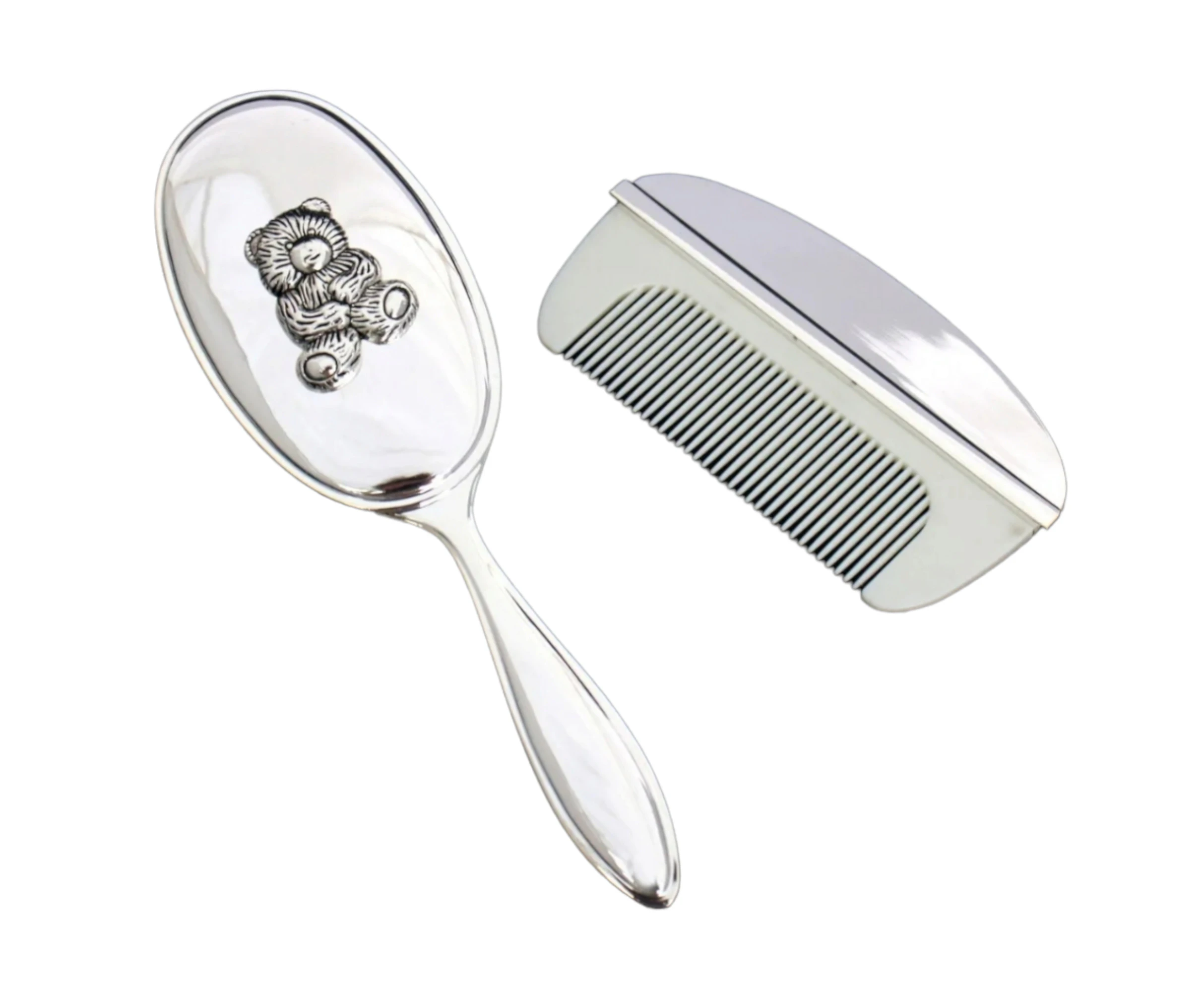 Set 2 Shiny Silver Plated Teddy Bear Baby Brush & Comb Gift