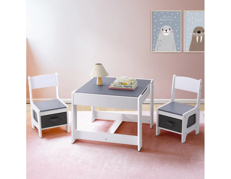 Keezi Kids Table and Chairs Set Play Activity Toys Storage Chalkboard Desk Grey