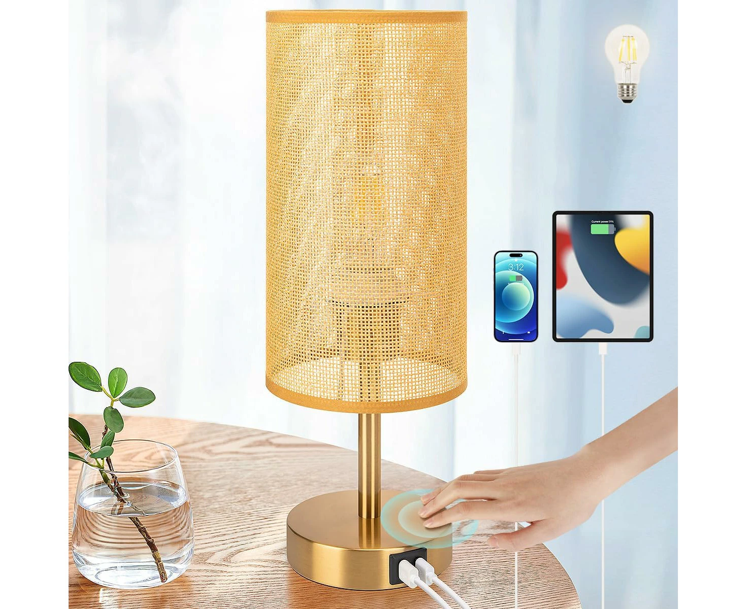 Yarra-Decor Bedside Lamp with USB Port - Touch Control Table Lamp for Bedroom Wood 3 Way Dimmable Nightstand Lamp with Flaxen Fabric (LED Bulb Included)