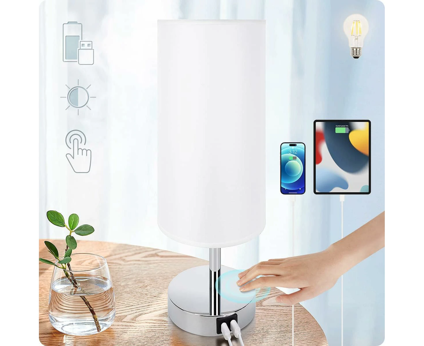 Yarra-Decor Bedside Lamp with USB Port - Touch Control Table Lamp for Bedroom Wood 3 Way Dimmable Nightstand Lamp with Flaxen Fabric (LED Bulb Included)