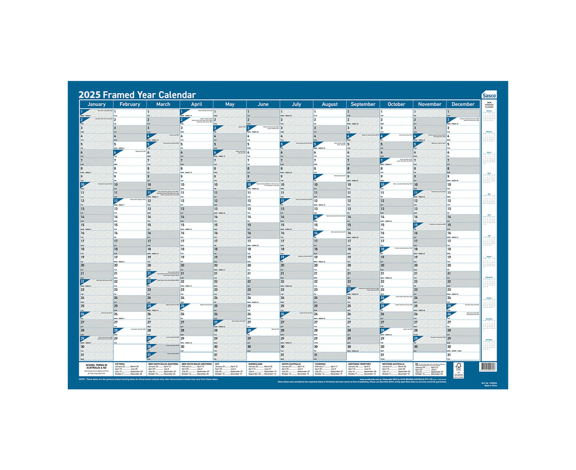 2025 Year Planner Sasco 700 x 1000mm Wall Framed 1058825