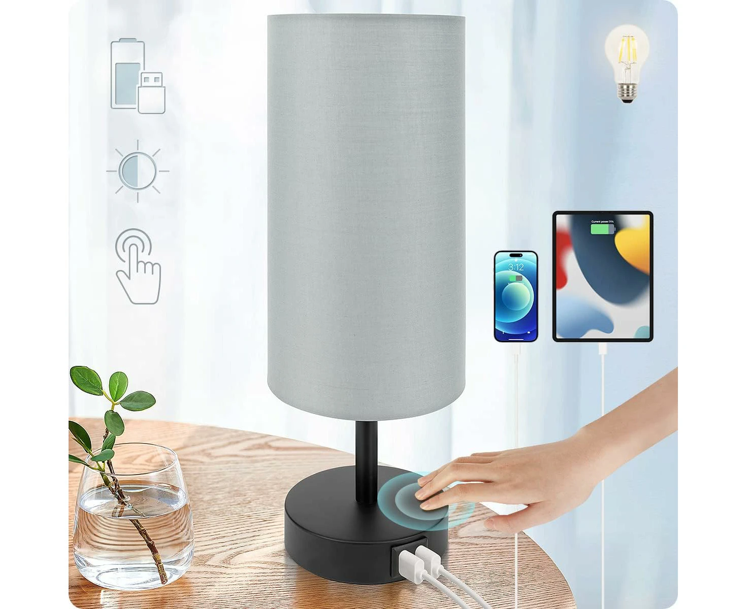 Yarra-Decor Bedside Lamp with USB Port - Touch Control Table Lamp for Bedroom Wood 3 Way Dimmable Nightstand Lamp with Flaxen Fabric (LED Bulb Included)