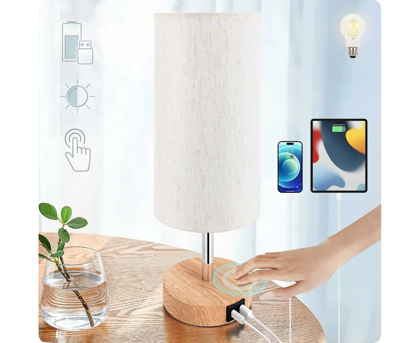 Yarra-Decor Bedside Lamp with USB Port - Touch Control Table Lamp for Bedroom Wood 3 Way Dimmable Nightstand Lamp with Flaxen Fabric (LED Bulb Included)