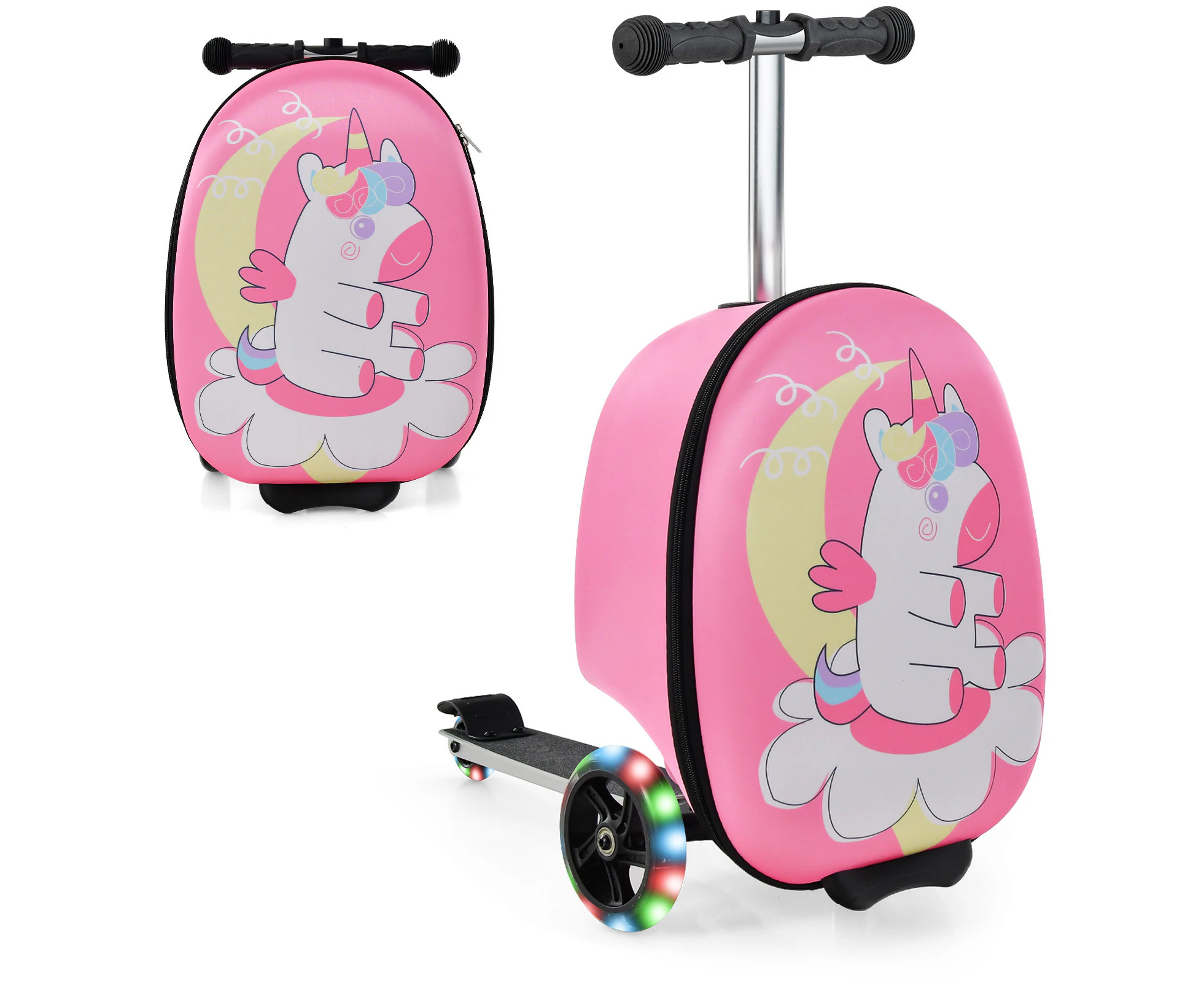 2-in-1 Kids Suitcase Scooter Set Foldable Ride-on Luggage w/LED Lit Wheels Unicorn Pattern