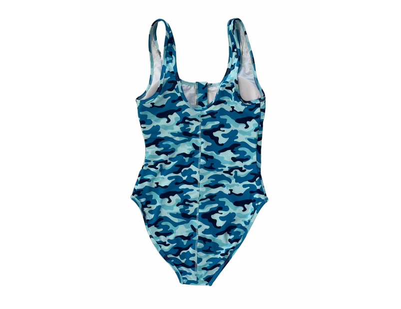 WOMENS ZIP FRONT FULL PIECE SWIMSUIT - BLUE CAMO