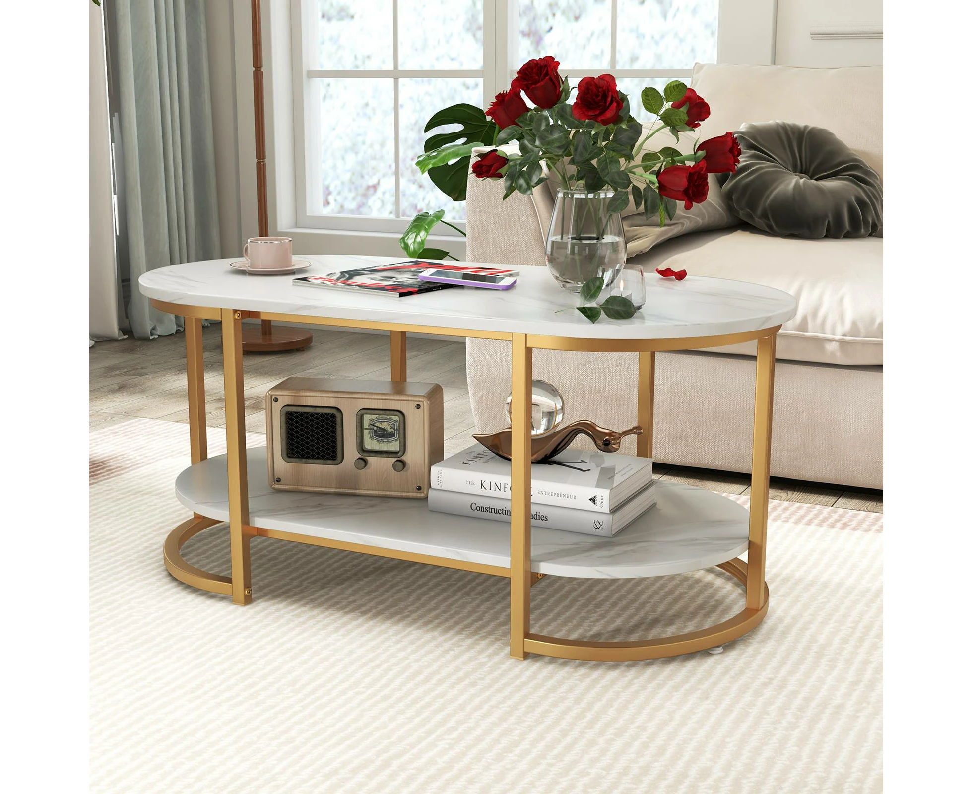 Costway 3-Tier Coffee Table Metal Frame Center Table Ample Desktop for Home Living Room w/Storage Shelf White&Gold