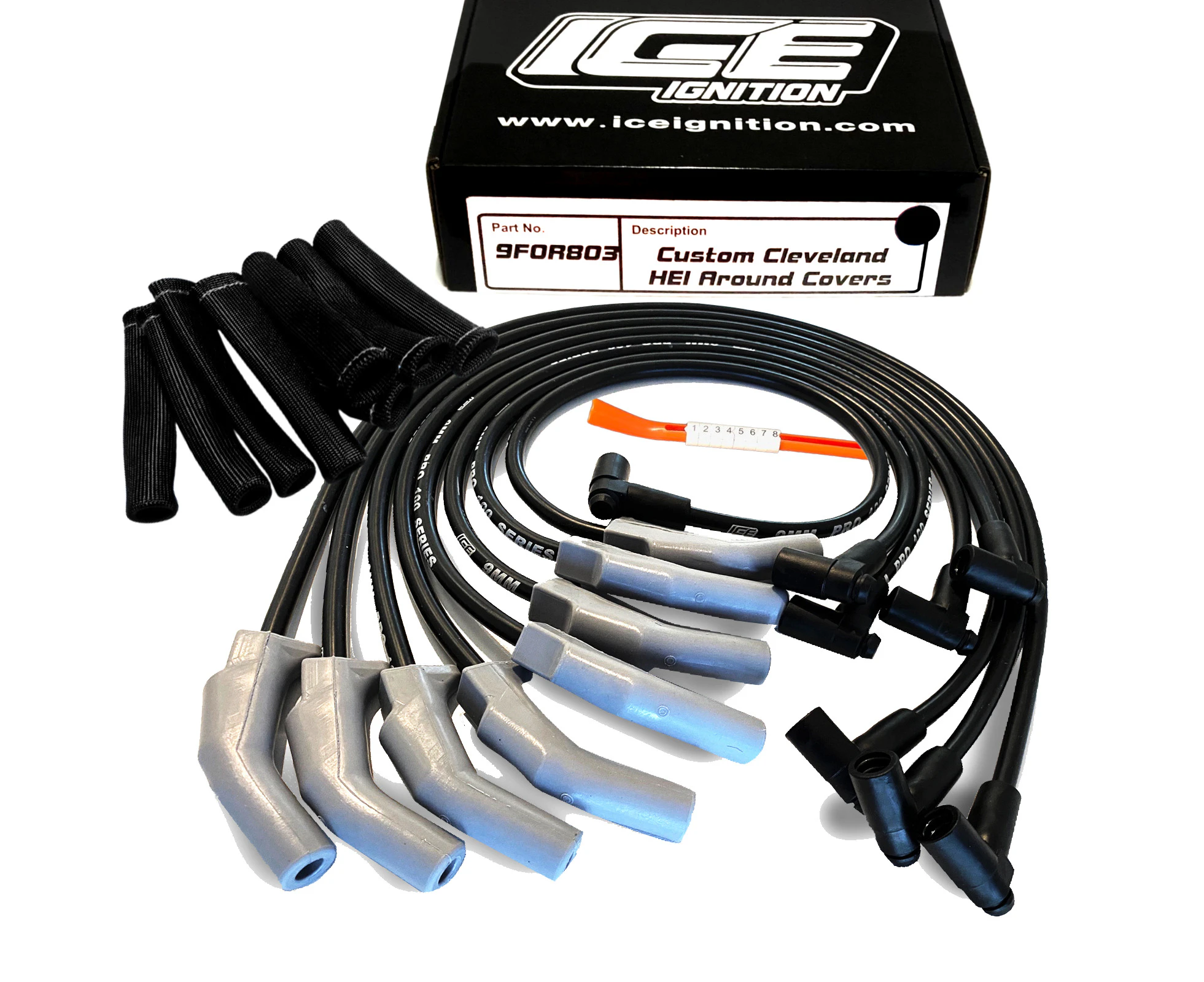 ICE PRO 100 9mm Ignition Spark Plug Leads V8 351 Cleveland Around Rocker Covers Black HEI MSD Distributor Cap + Heat Sleeves