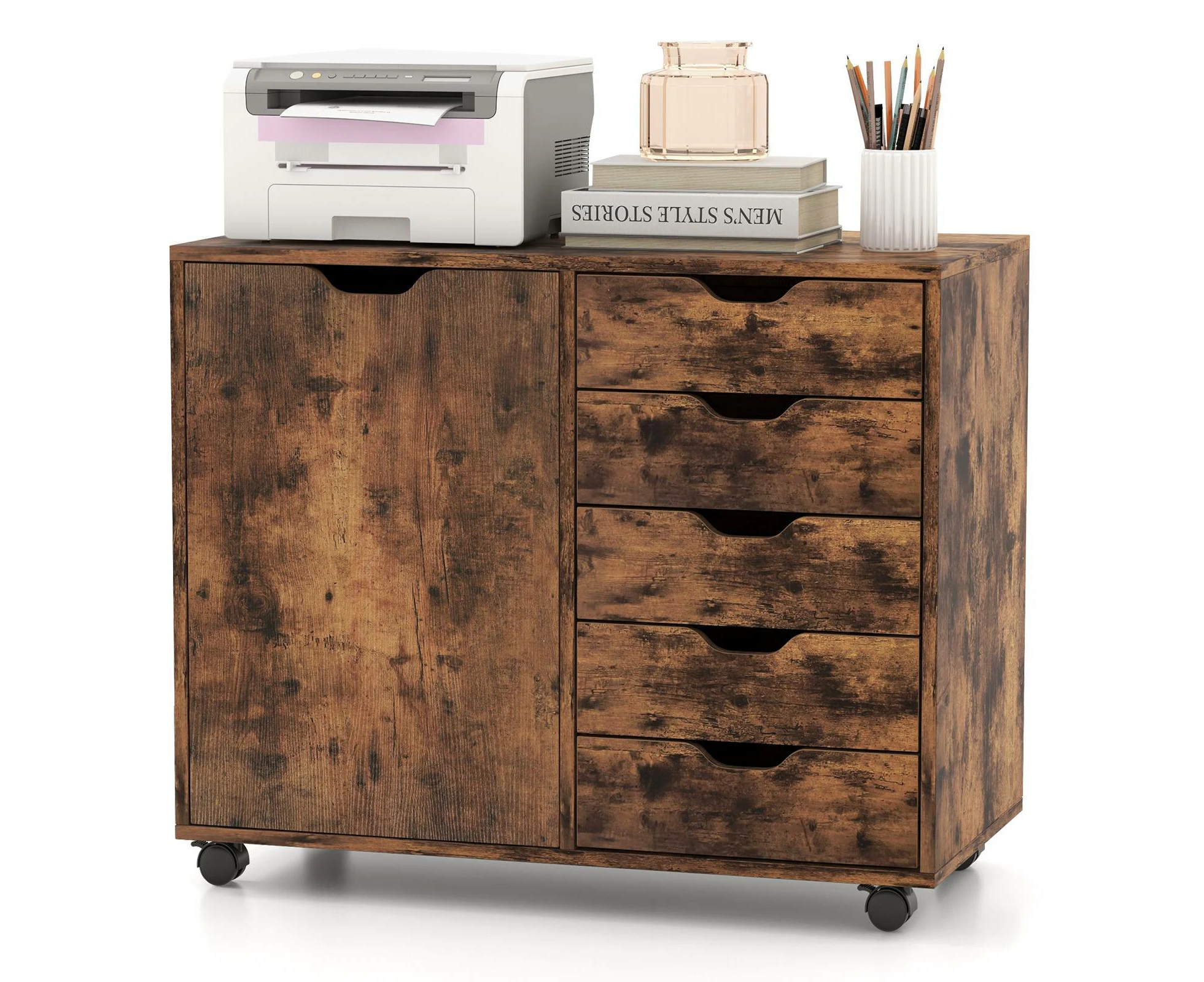 Costway 5 Drawer Mobile Filing Cabinet Storage Cabinet w/Door & Shelf Home Office Rustic Brown