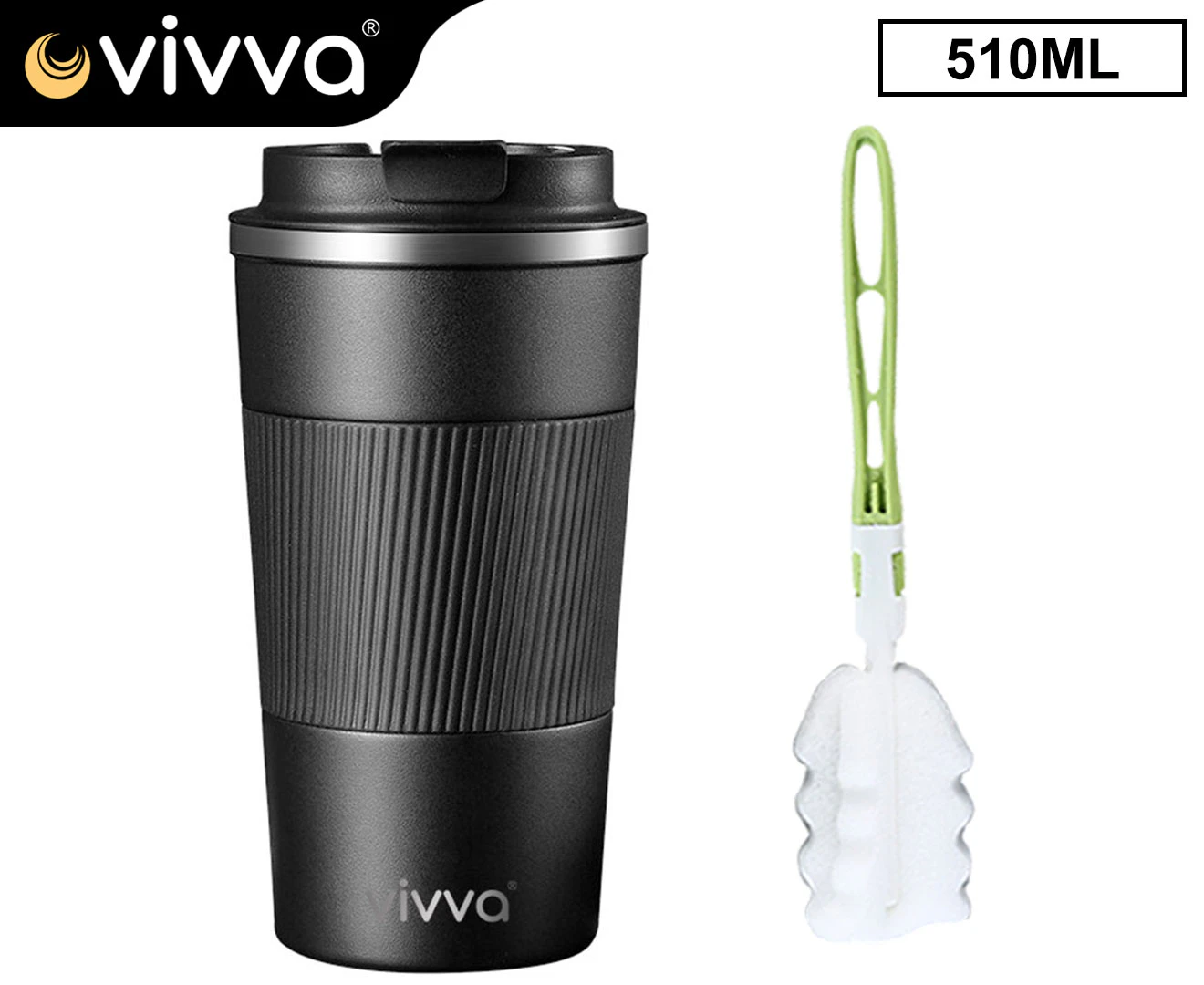 Vivva Coffee Mug Stainless Steel Double Wall Leakproof Travel Cup Insulated Reusable 510ml Black