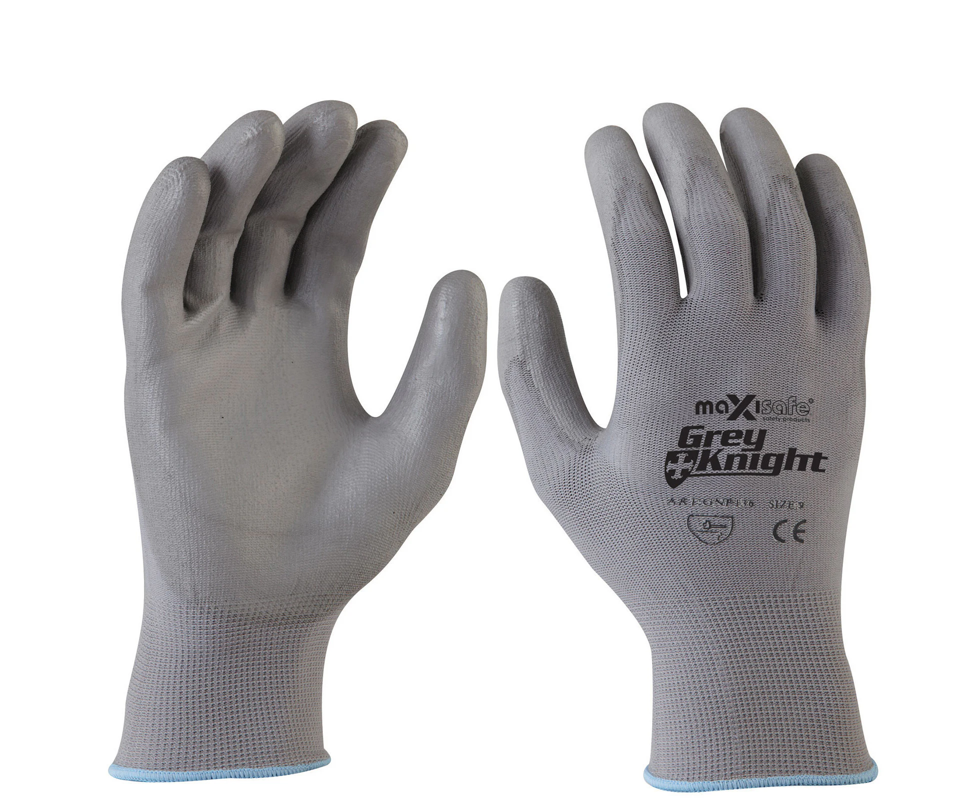 Maxisafe 'Grey Knight' Nylon Gloves, Grey PU Coated - XLarge