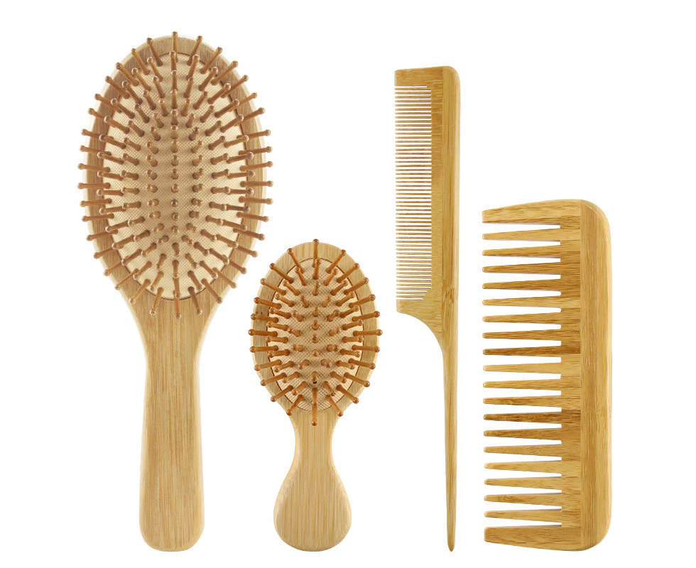 4pcs Bamboo Hair Brush And Comb Set Air Cushion Massage Comb With Paddle Detangling Hairbrush Natural Wide-Tooth