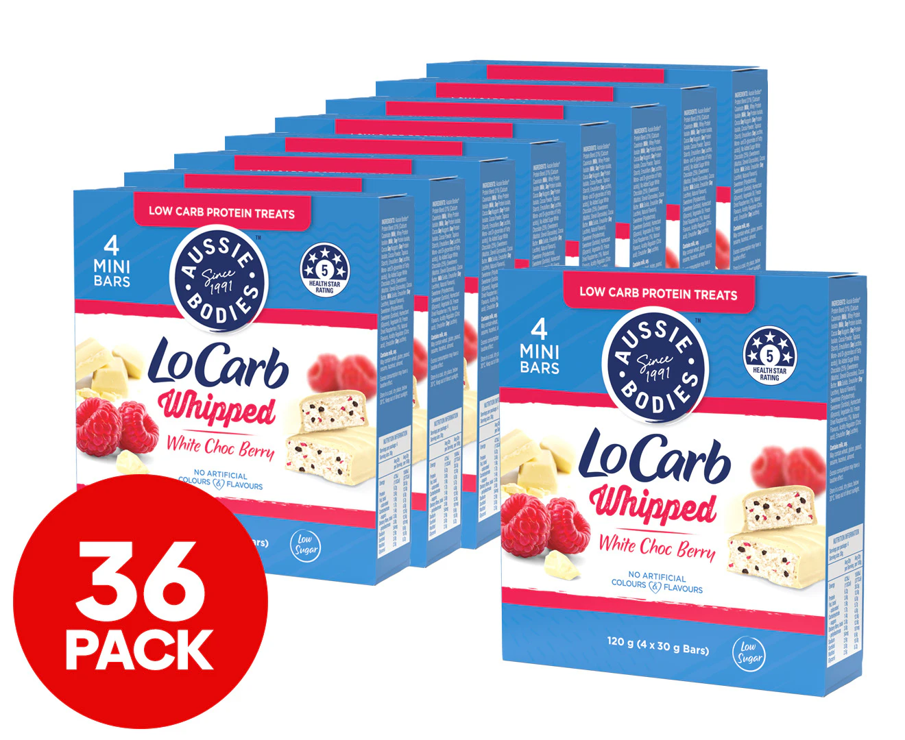 9 x 4pk Aussie Bodies Lo Carb Whipped Mini Protein Bars White Choc Berry 30g