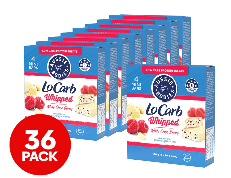 9 x 4pk Aussie Bodies Lo Carb Whipped Mini Protein Bars White Choc Berry 30g