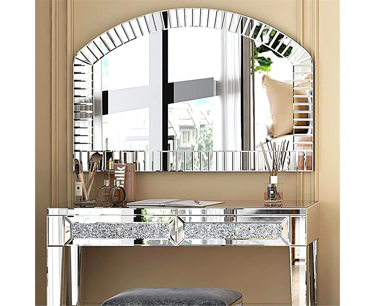 Large Silver Arched Mirror Wall Decorative Mirror for Living Room Entryway Mantle