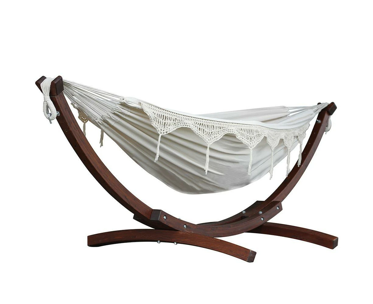 Double Cotton Hammock with Solid Pine Stand 260cm (FSC Certified) Natural with Fringe