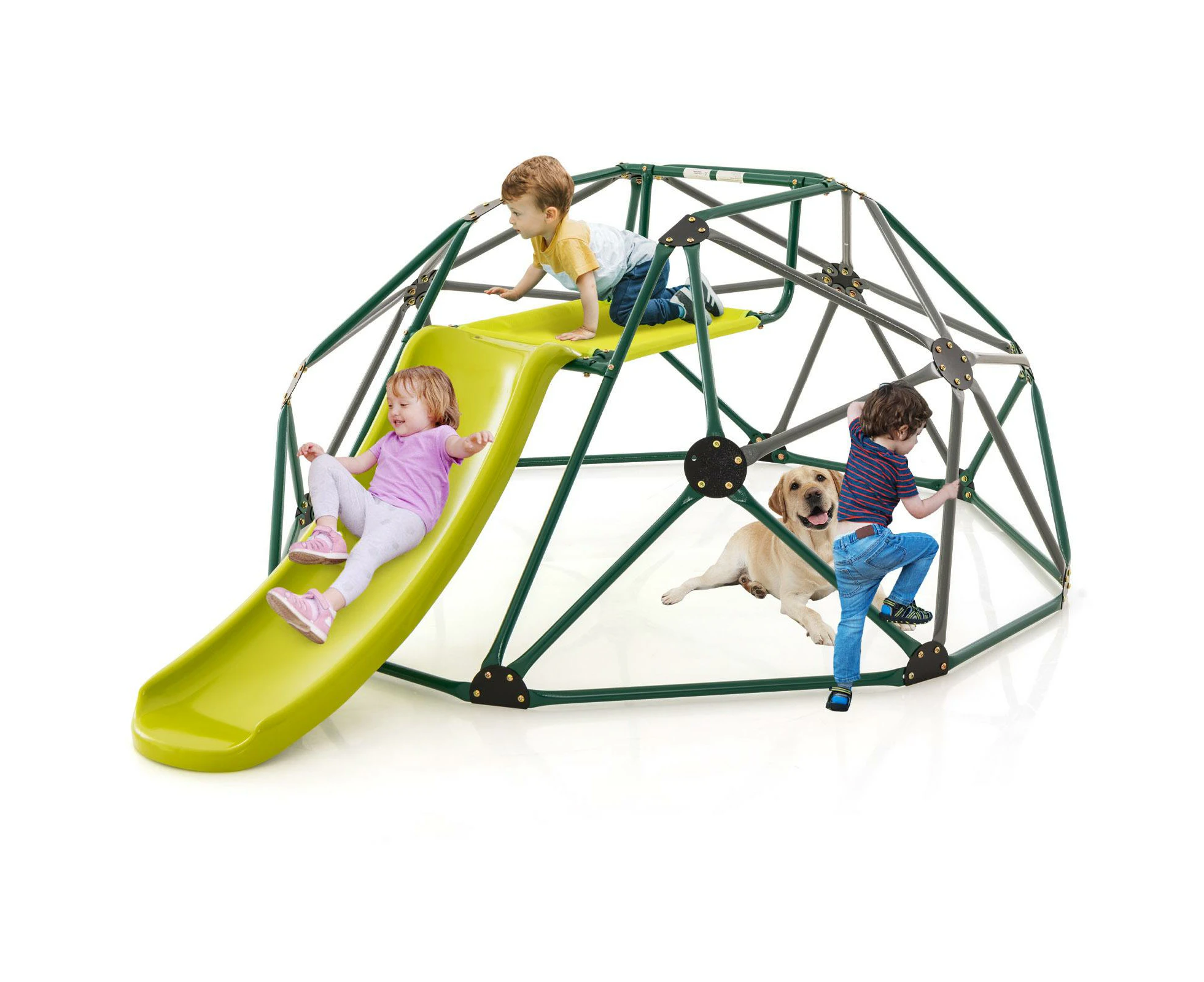 Costway 2-in-1 Dome Climber & Slide Set Geometric Climbing Dome Outdoor Activity Center 150KG Load Capacity Grey