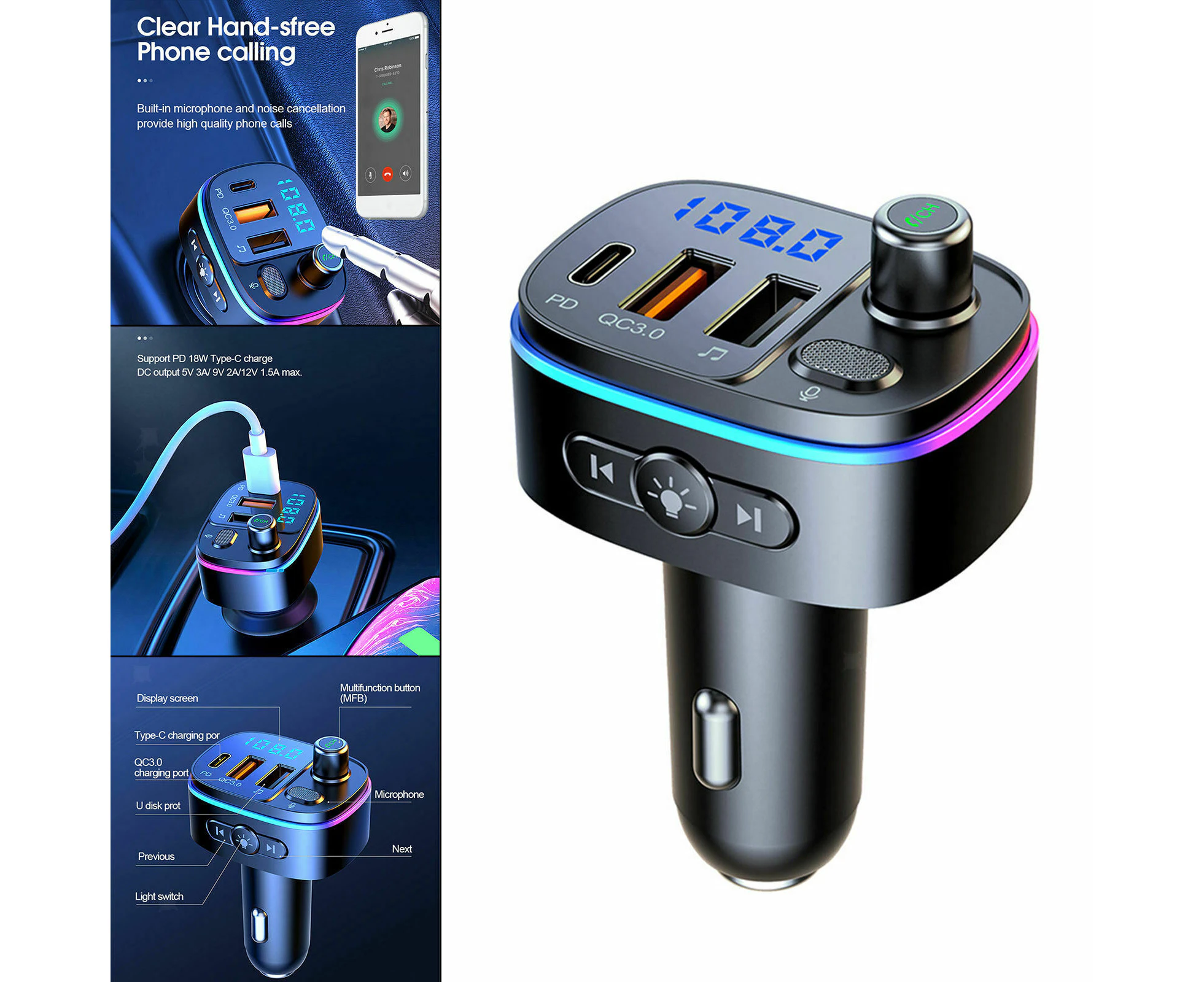 Car Bluetooth FM Transmitter MP3 Player QC3.0 Dual USB Charger Fast Charging