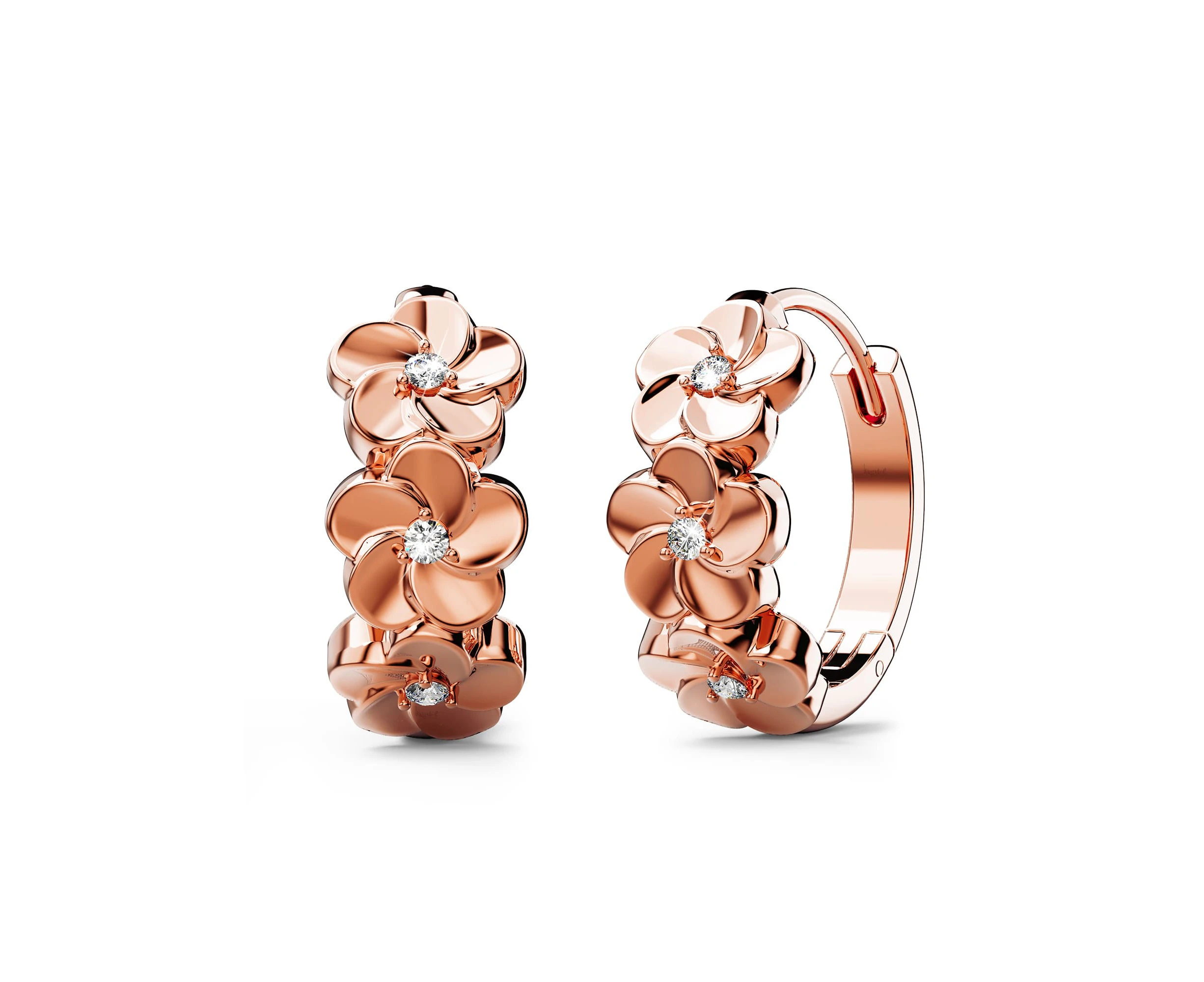 Floral Trio Huggie Earrings Embellished in SWAROVSKI Crystals in Rose Gold