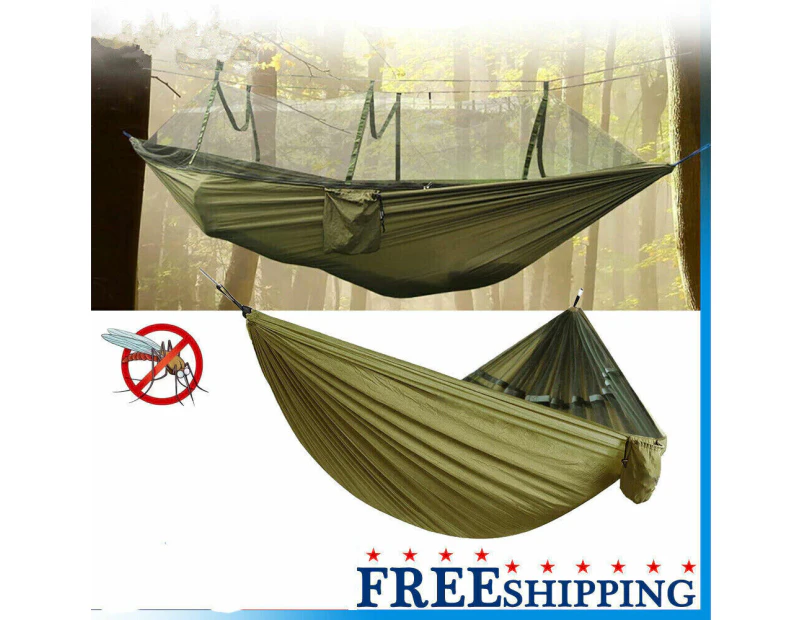 Army Green Double Person Camping Hanging Hammock With Mosquito Net Swing Bed For Outdoor