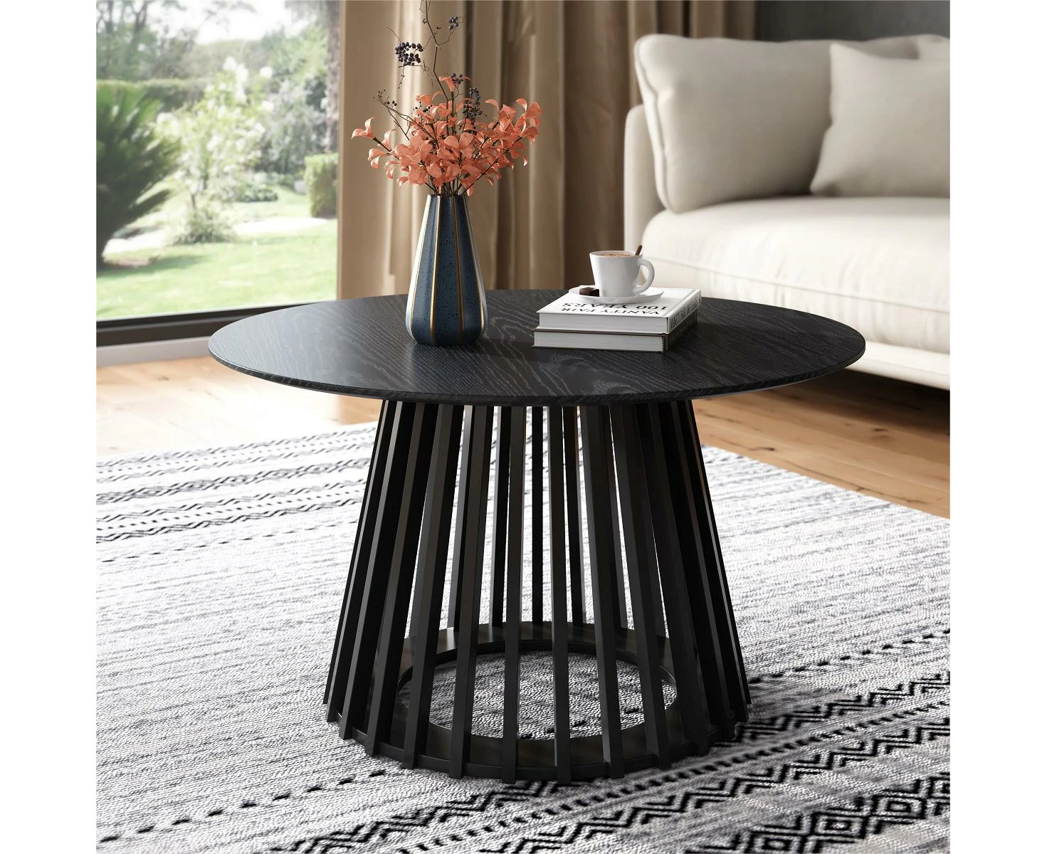 Dreamo Wooden Round Coffee Table with Slatted Base Black