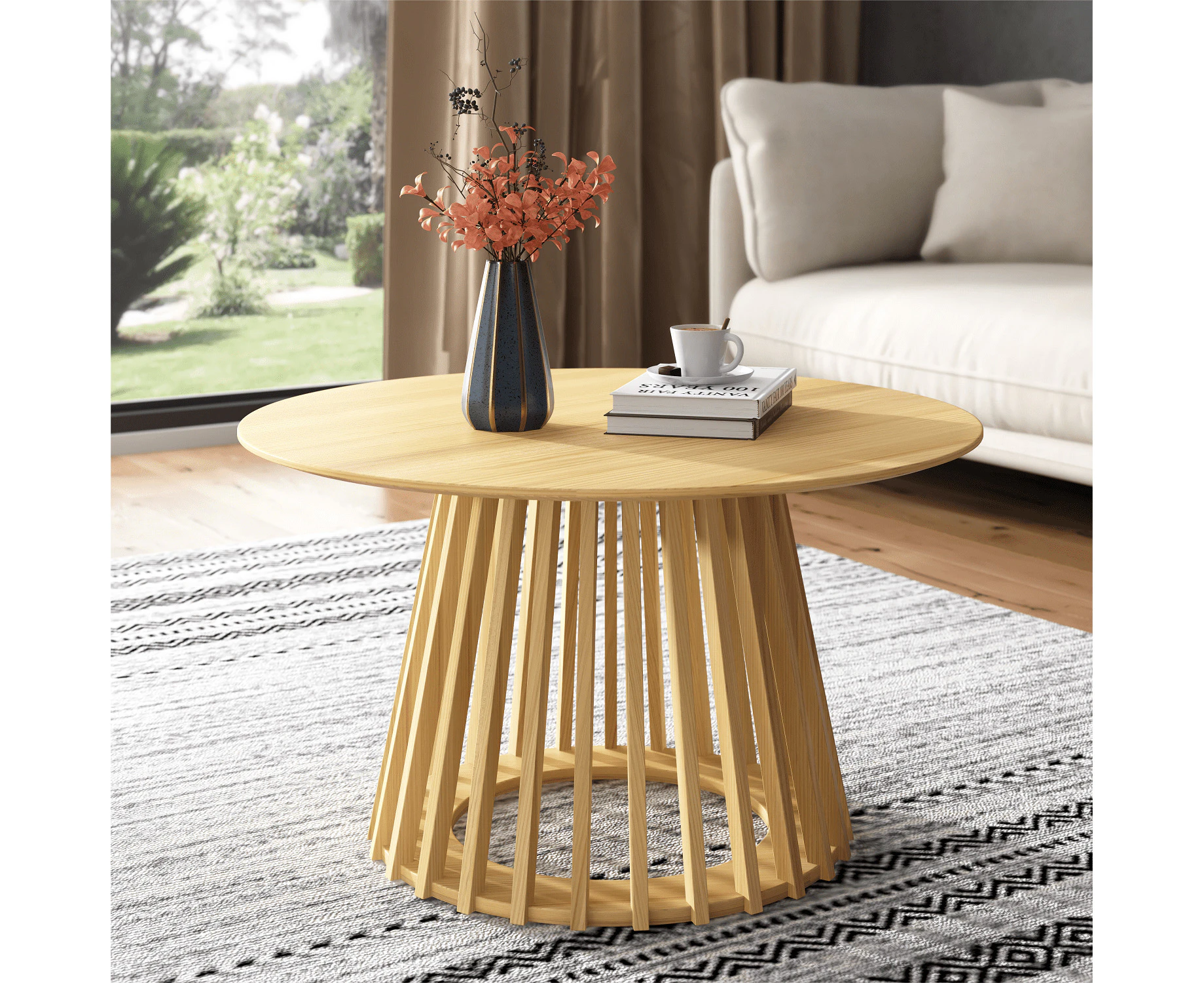 Dreamo Wooden Round Coffee Table with Slatted Base Natural