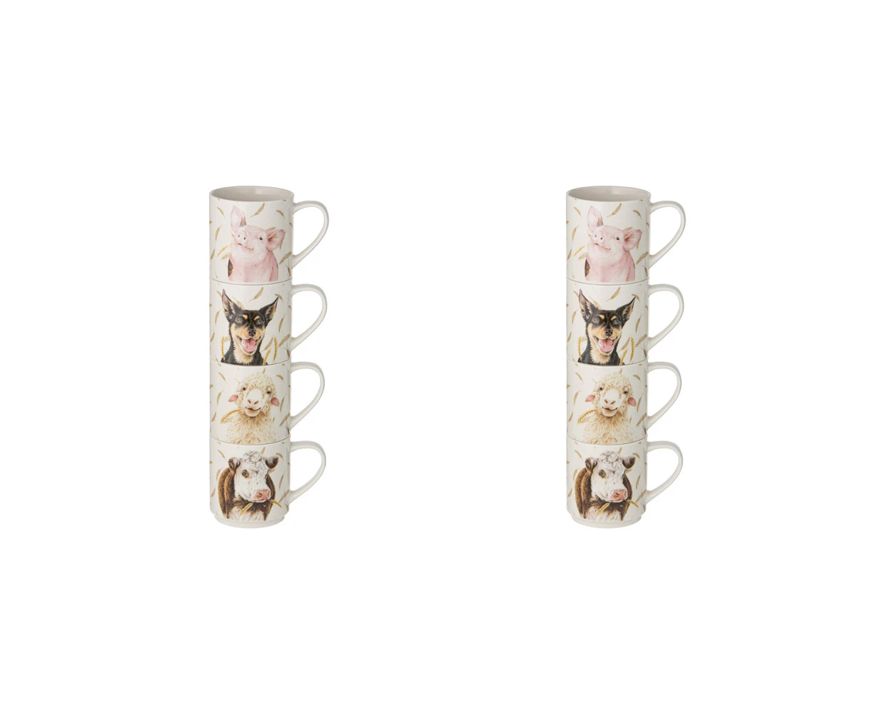 2x 4pc Ashdene Farmyard Faces New Bone China Stackable Cups Drinking Mugs