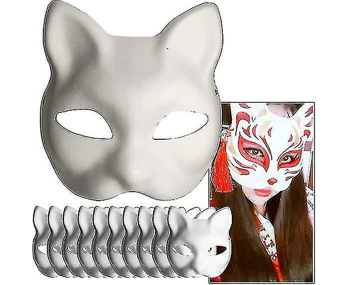 White Paper Mask Cat Face - 10 Pieces, Pulp Blank Hand Painted Mask, Personalized Design, Suitable For Halloween Fancy Dress Cosplay