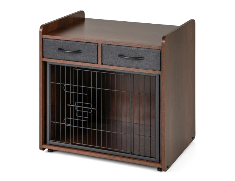 Costway Dog Crate Furniture Indoor Dog Cage Industrial Doge Kennel w/2 Fabric Drawers & Lockable Door Brown