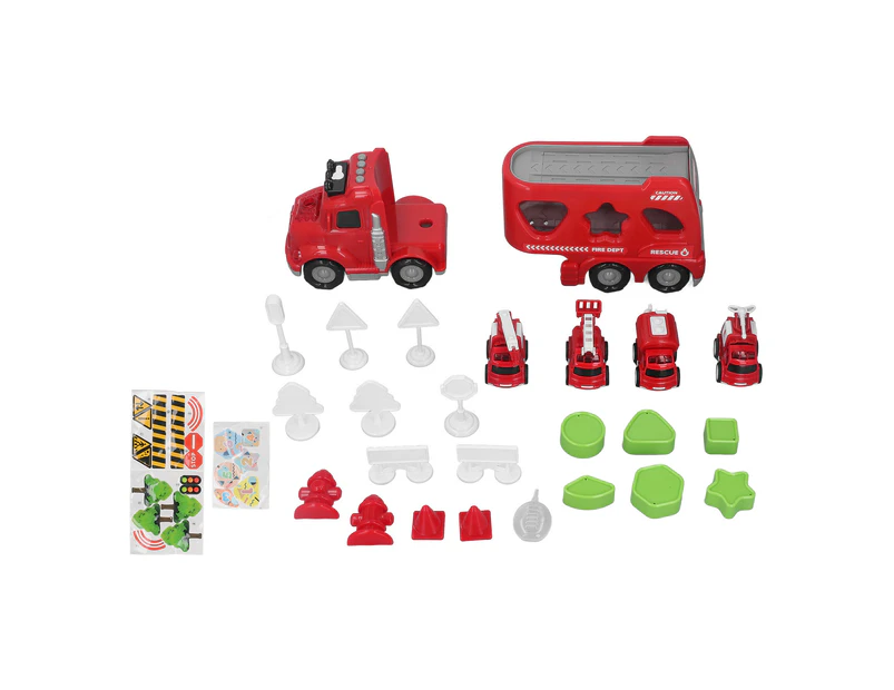 Fire Truck Toys Set 5 in 1 Carrier Truck Transport Cargo Truck Toys Cars Carrier Fire Trucks with Light Spray Music for Toddler Fire Fighting Truck