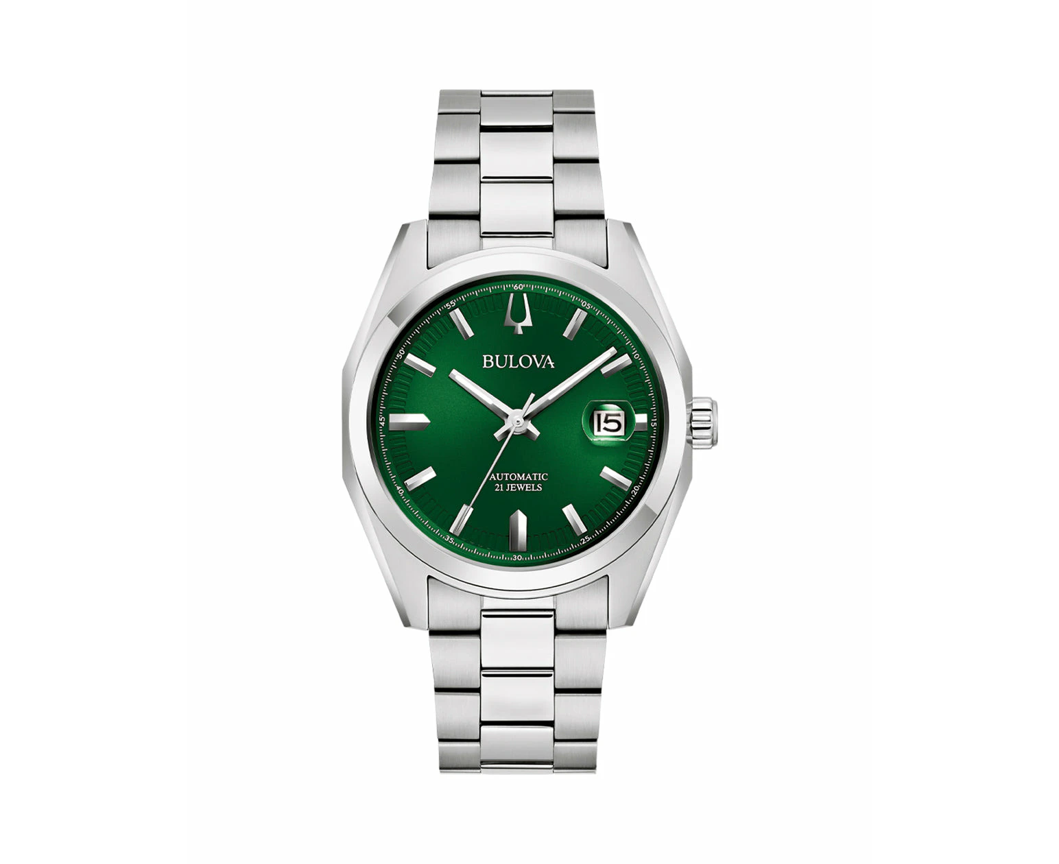 Bulova Surveyor Automatic Green Dial Mens Watch Sleek Stainless Steel Design 96B429