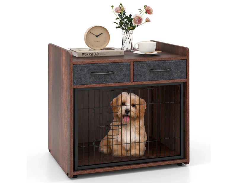 Dog Crate Indoor Puppy Cage Pet House Cat Dog Kennel w/Lockable Door & Drawers Sofa Side Table Brown