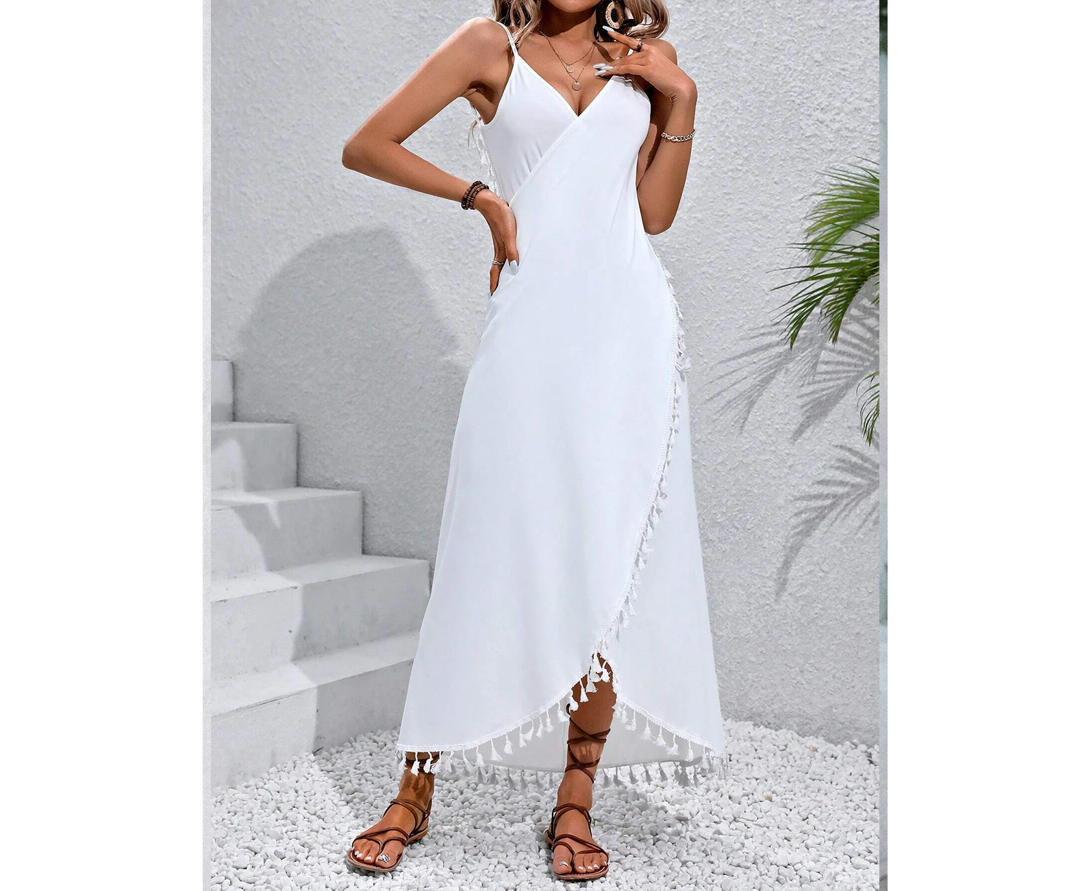 Philippa White Fringe Trim Backless Split Maxi Dress