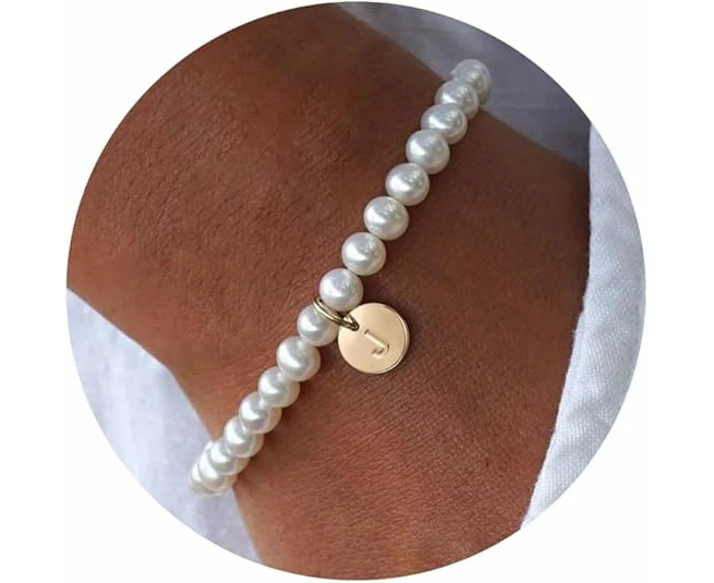 Pearl Initial Bracelet Dainty Gold Letter Charm Pearl Beaded Bracelet Jewelry for Bridesmaid Proposal Wedding Bride Party Bridal Shower Mothers Day Gift(J)