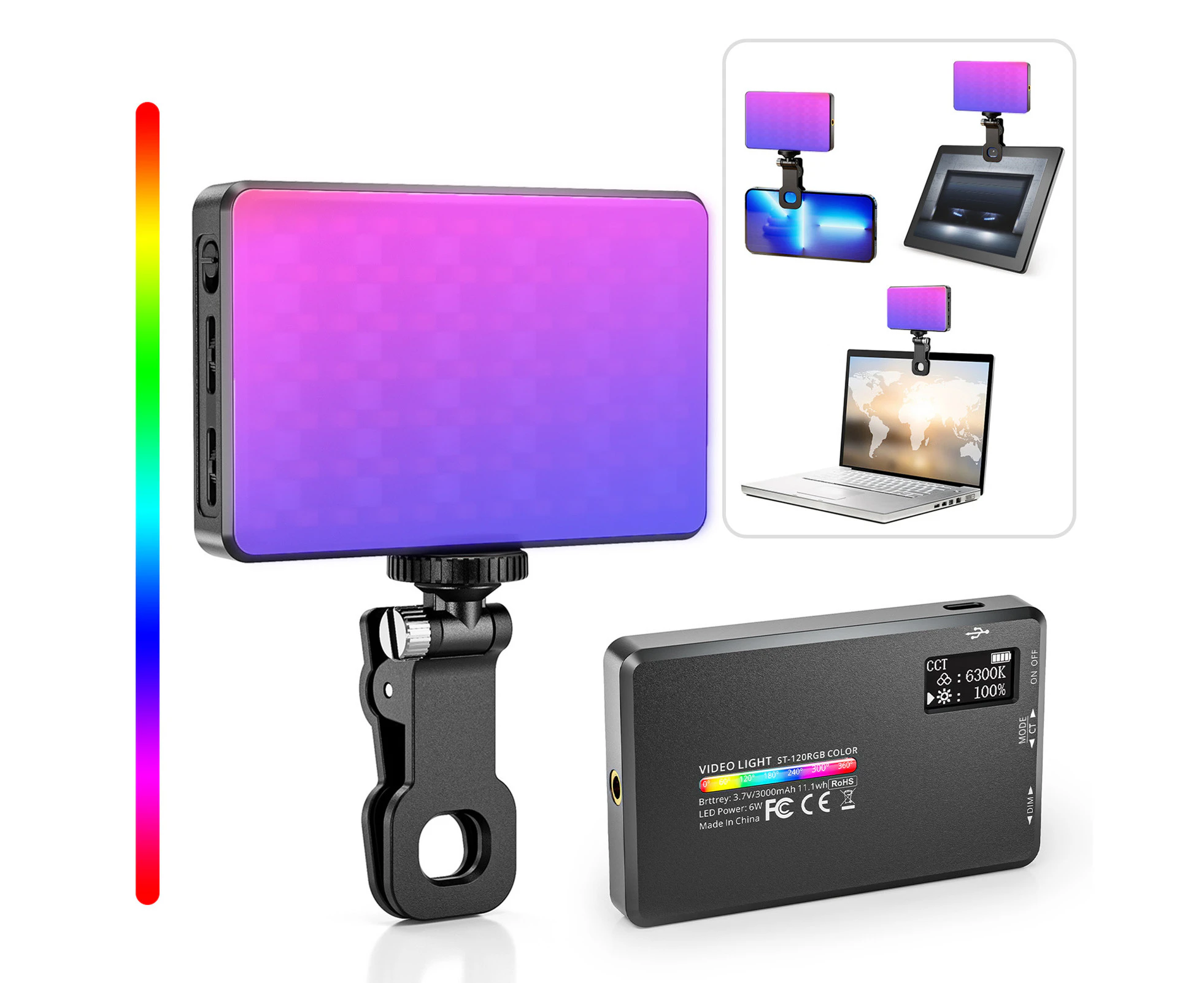 Camnoon ST-120RGB Pocket RGB Video Light Clip-on Mobile Phone Fill Light Tablet Computer Video Conference LED Video Light 2500K-9000K Dimmable 20 Scene