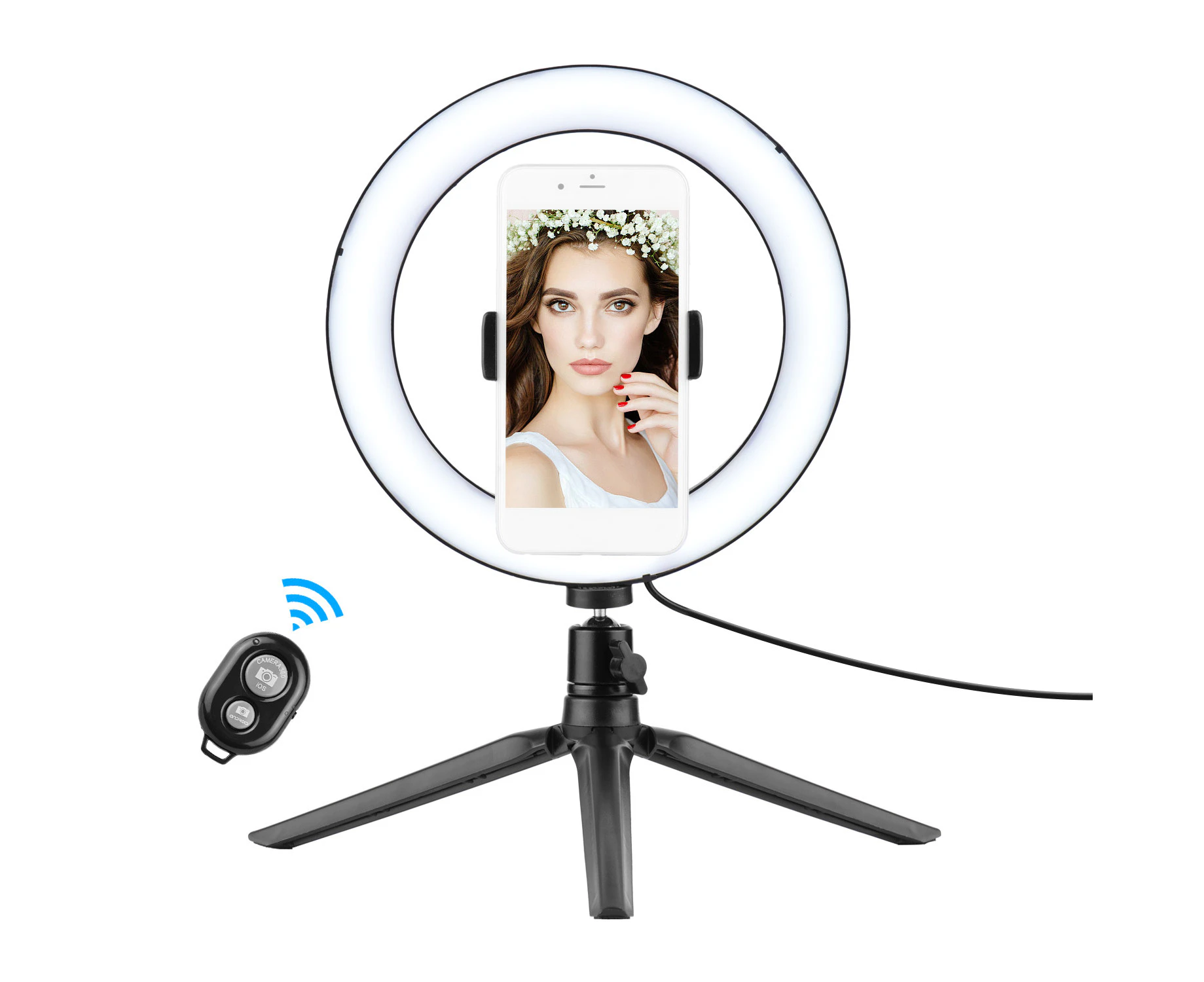 Yuventoo 8.6 Inch/22cm Diameter 3000-6000K Bi-color 10-Level Dimmable LED Ring Video Light Desktop Selfie Ring Light with Tabletop Tripod Flexible Phone